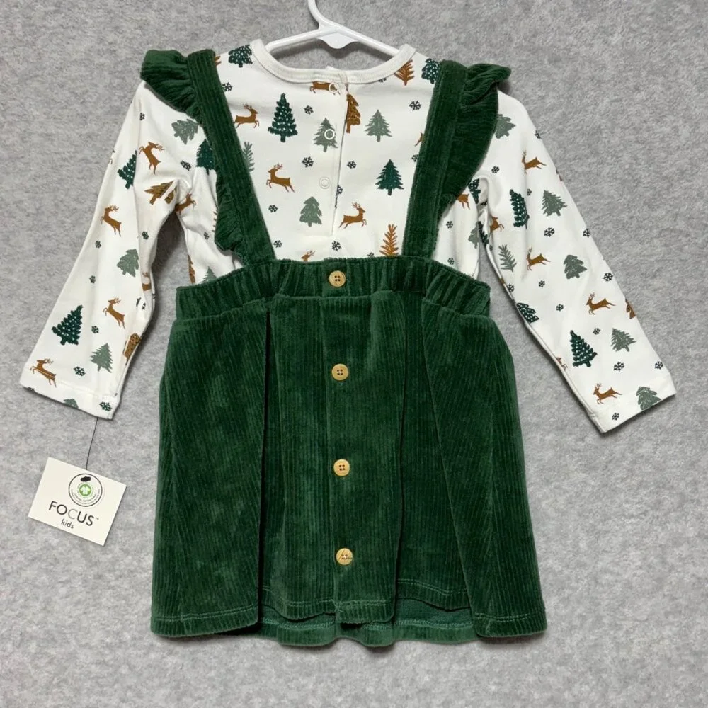 FOCUS Kids Baby Girl 18M Organic Cotton Woodland Creature Bodysuit Dress Green